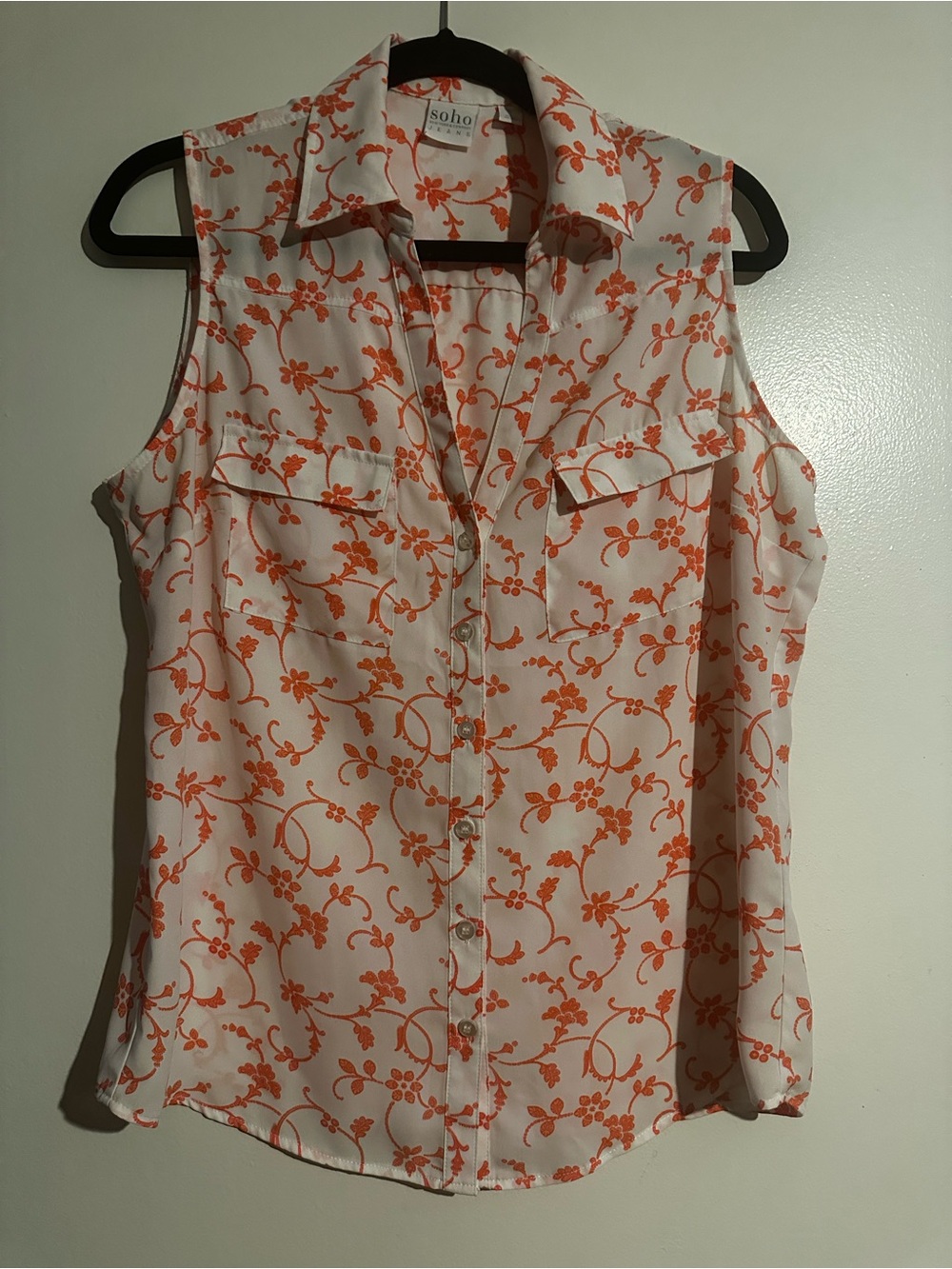 New York & Company White Sleeveless Button-Front Top with Orange Floral Print